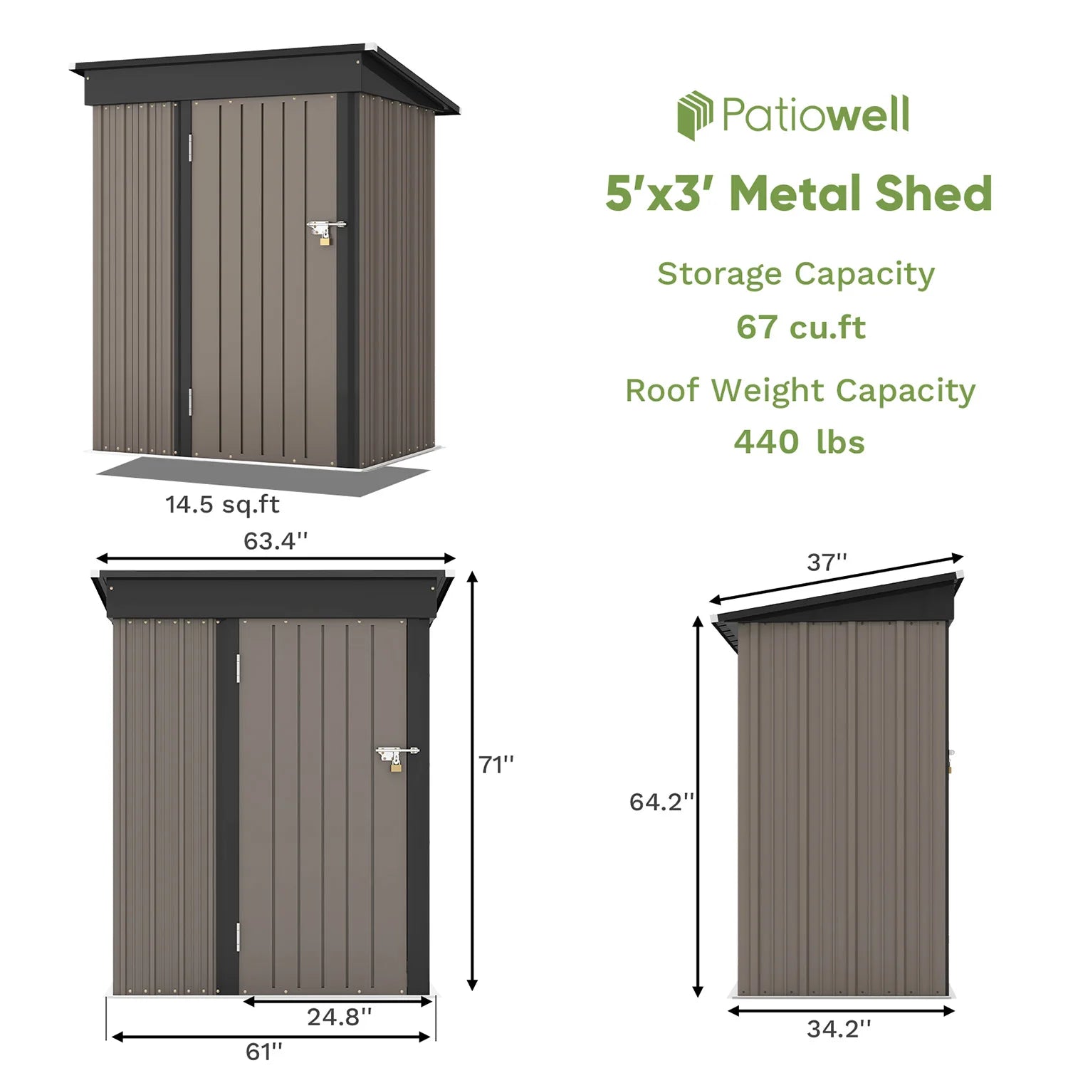 Patiowell 5x3 FT Outdoor Storage Shed, Tool Shed with Sloping Roof and Lockable Door, Metal Shed for Backyard Garden Patio Lawn