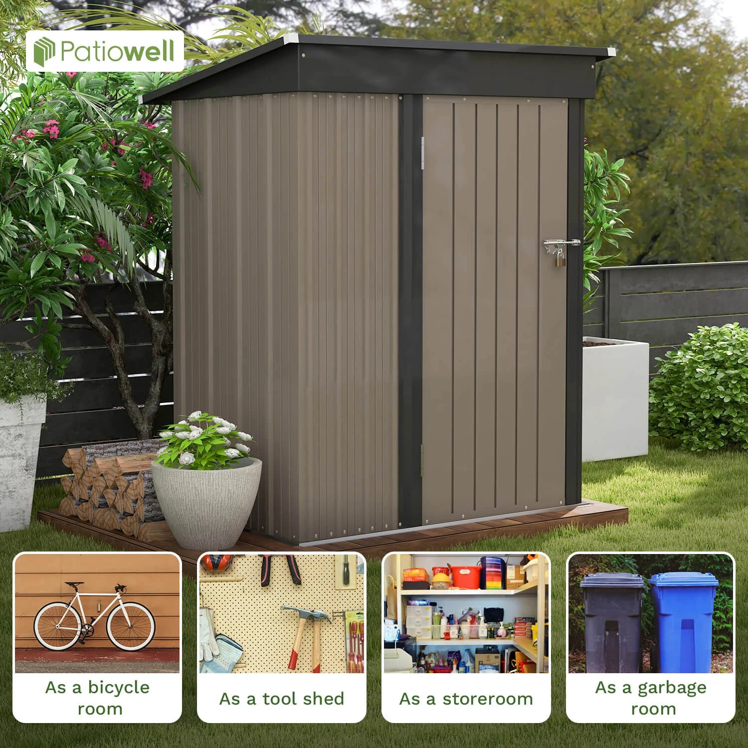 Patiowell 5x3 FT Outdoor Storage Shed, Tool Shed with Sloping Roof and Lockable Door, Metal Shed for Backyard Garden Patio Lawn