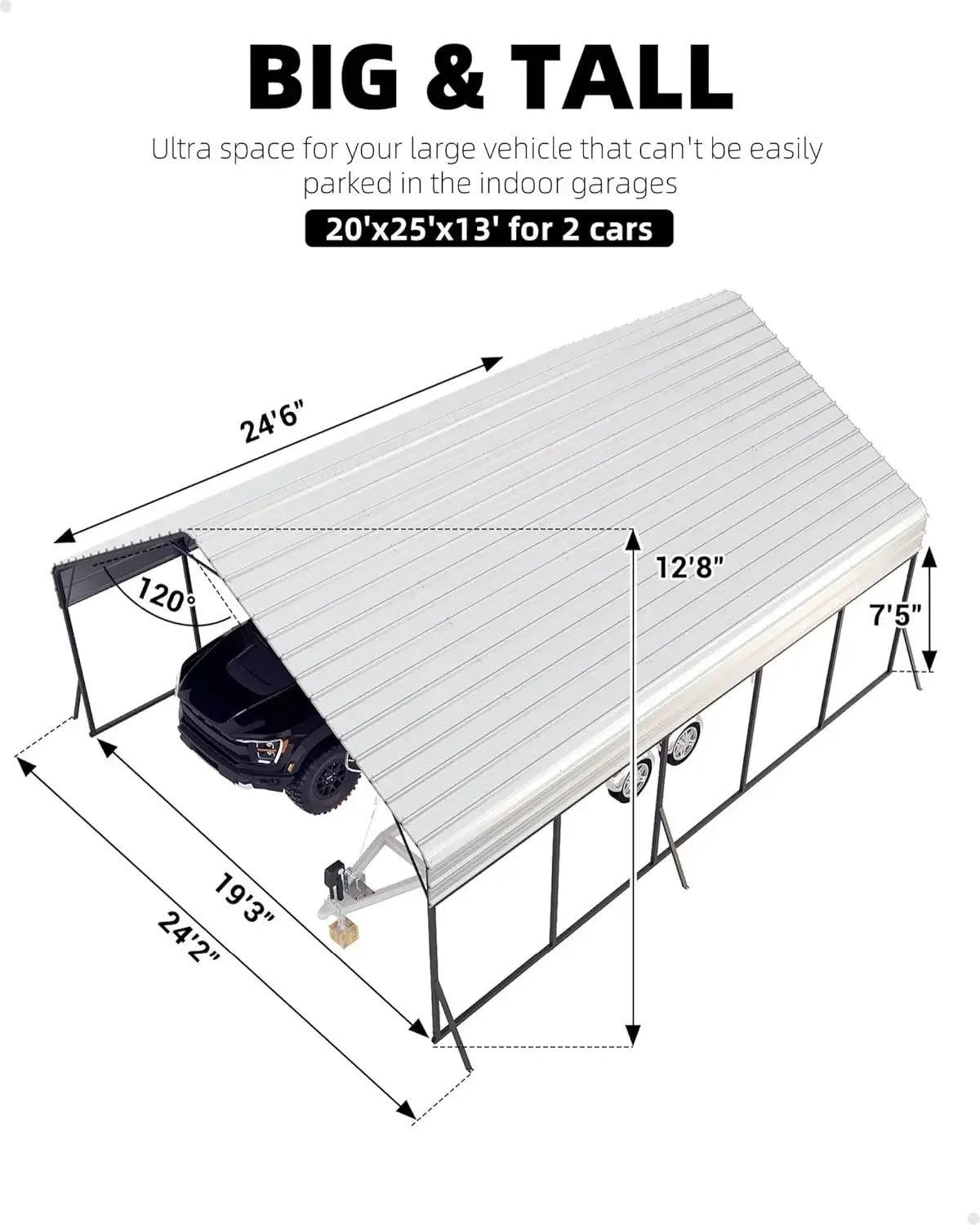 Metal Carport Portable Garage for 2 Cars 20'x25'x13' Gray