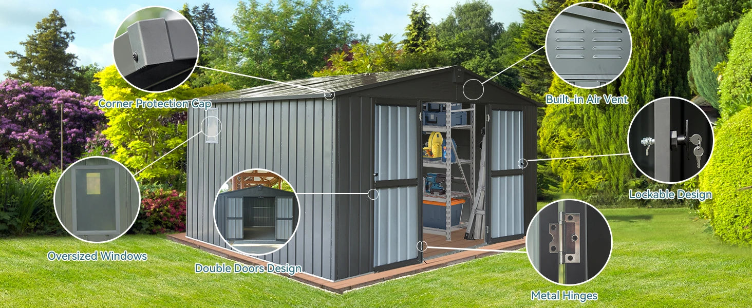 Metal Outdoor Storage Shed 11x9 FT with Lockable Doors