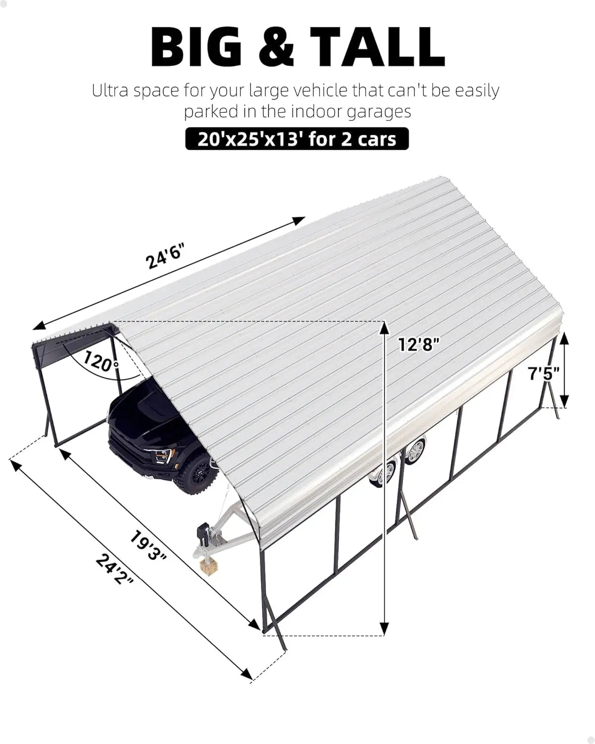 Metal Carport Portable Garage for 2 Cars 20'x25'x13' Gray