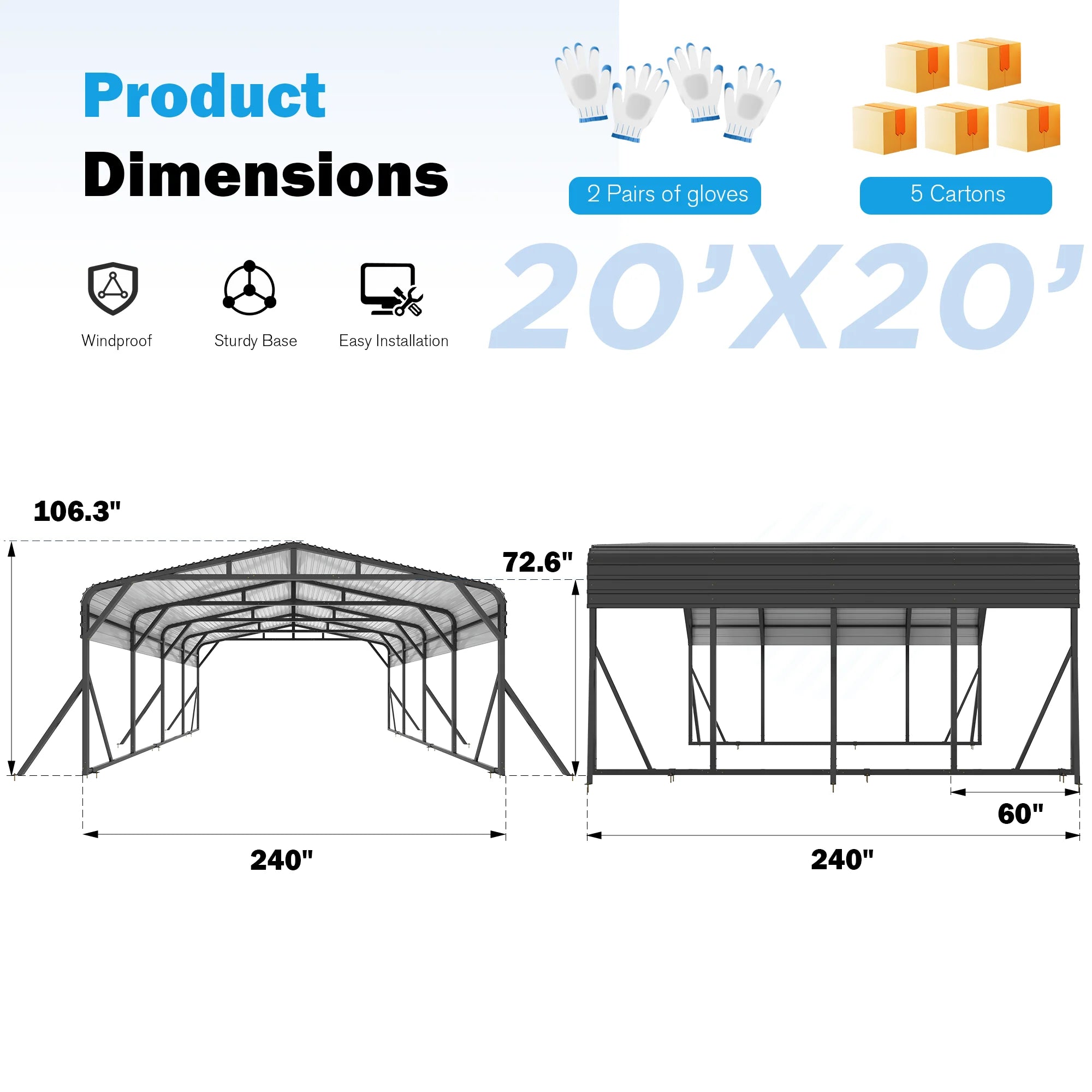 Metal Carport Garage for Two Cars 20x20FT Portable Shelter