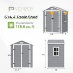 6x4.5 Ft Resin Garden Shed with Lockable Doors and Flooring