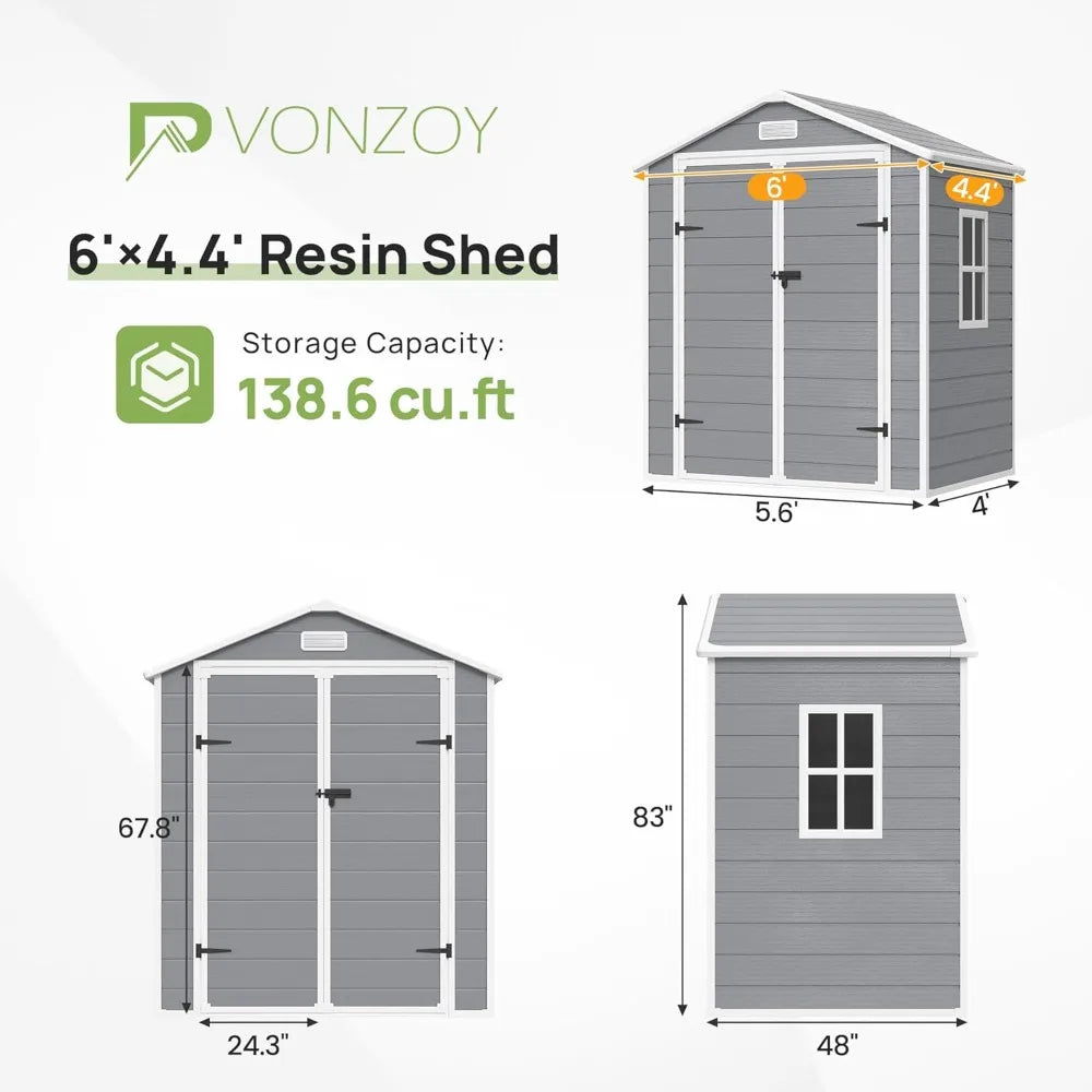 6x4.5 Ft Resin Garden Shed with Lockable Doors and Flooring