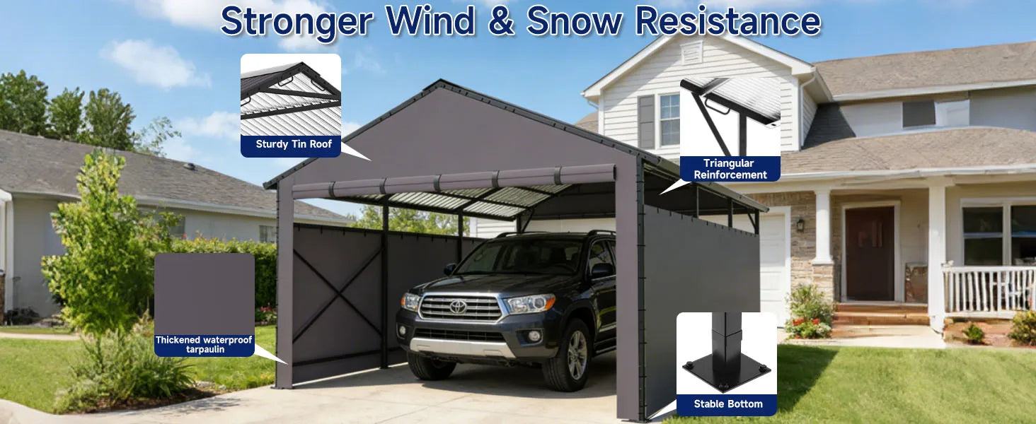 Heavy Duty Metal Carport 22x11 FT with Oxford Cloth Enclosure