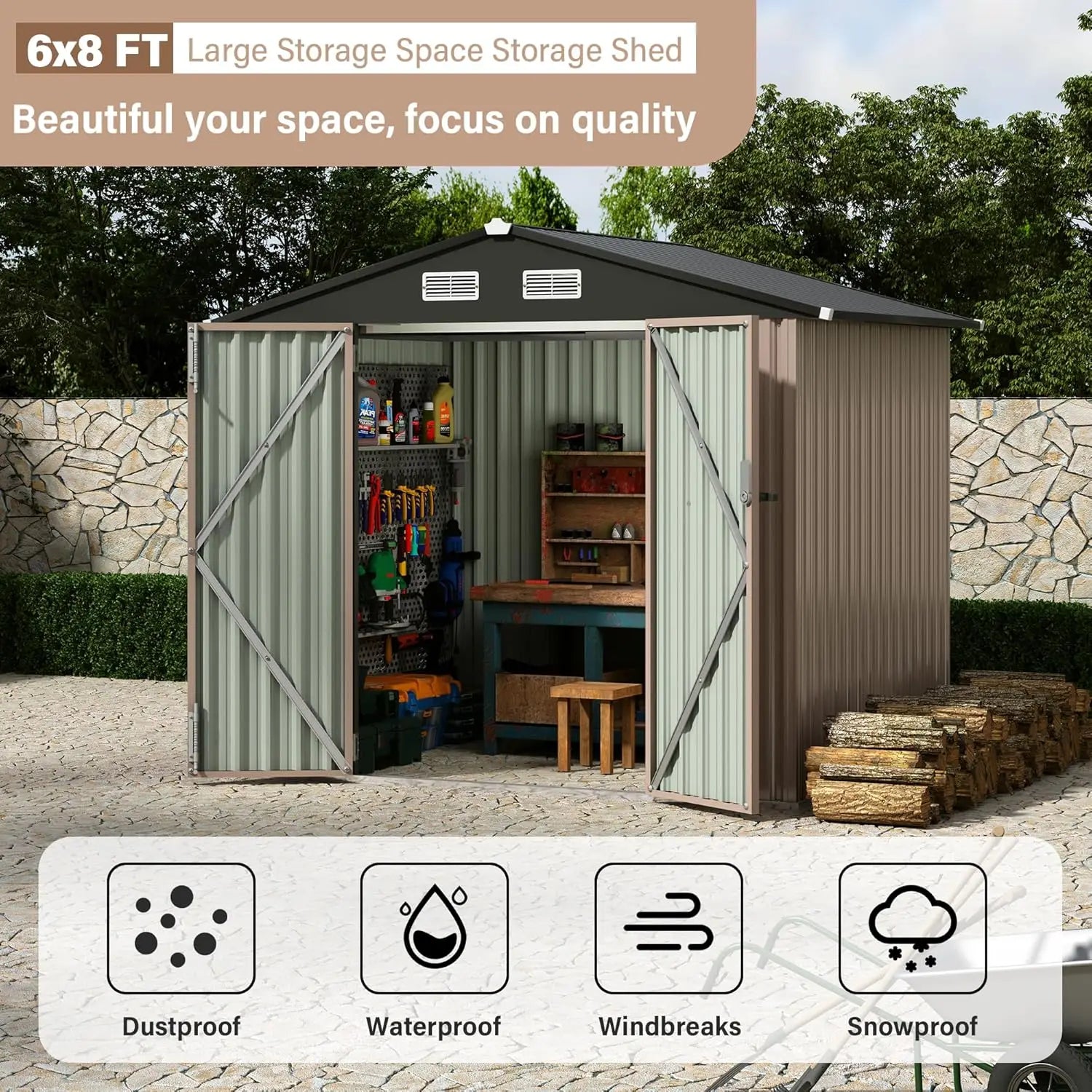 Metal Storage Shed 6X8 FT with Lockable Door Outdoor