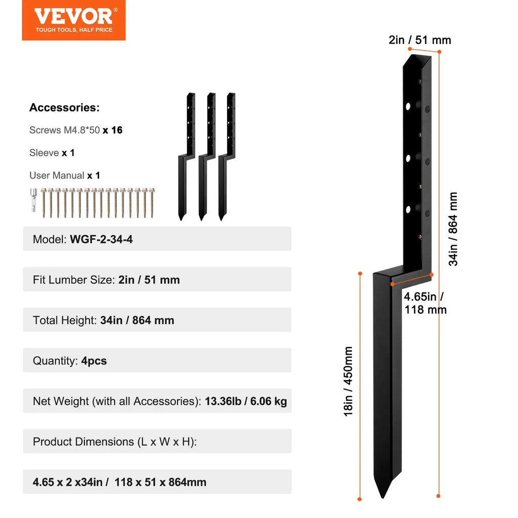 Heavy Duty Steel Fence Post Anchor Kit 4 Pack 2 X 2 Inches