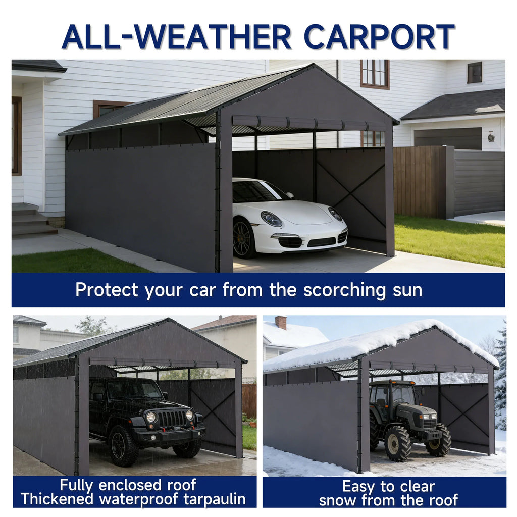 Heavy Duty Metal Carport 22x11 FT with Oxford Cloth Enclosure