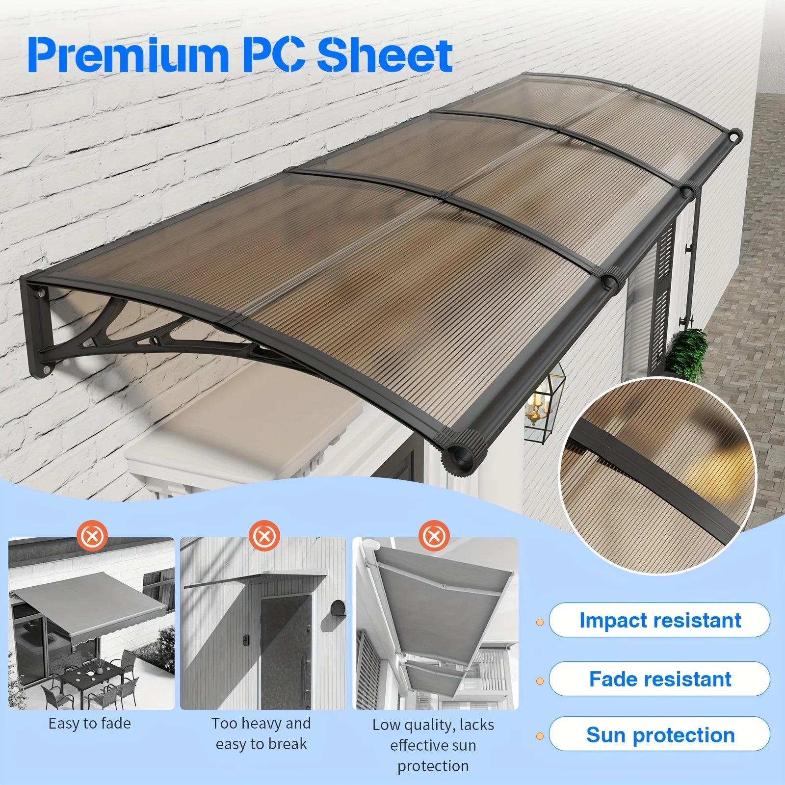 Brown Polycarbonate Gutter Awning for Door Sun Shade