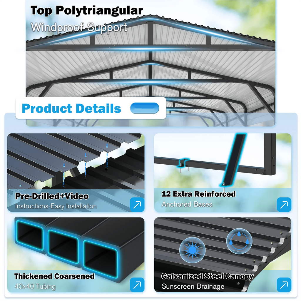 Metal Carport Garage for Two Cars 20x20FT Portable Shelter