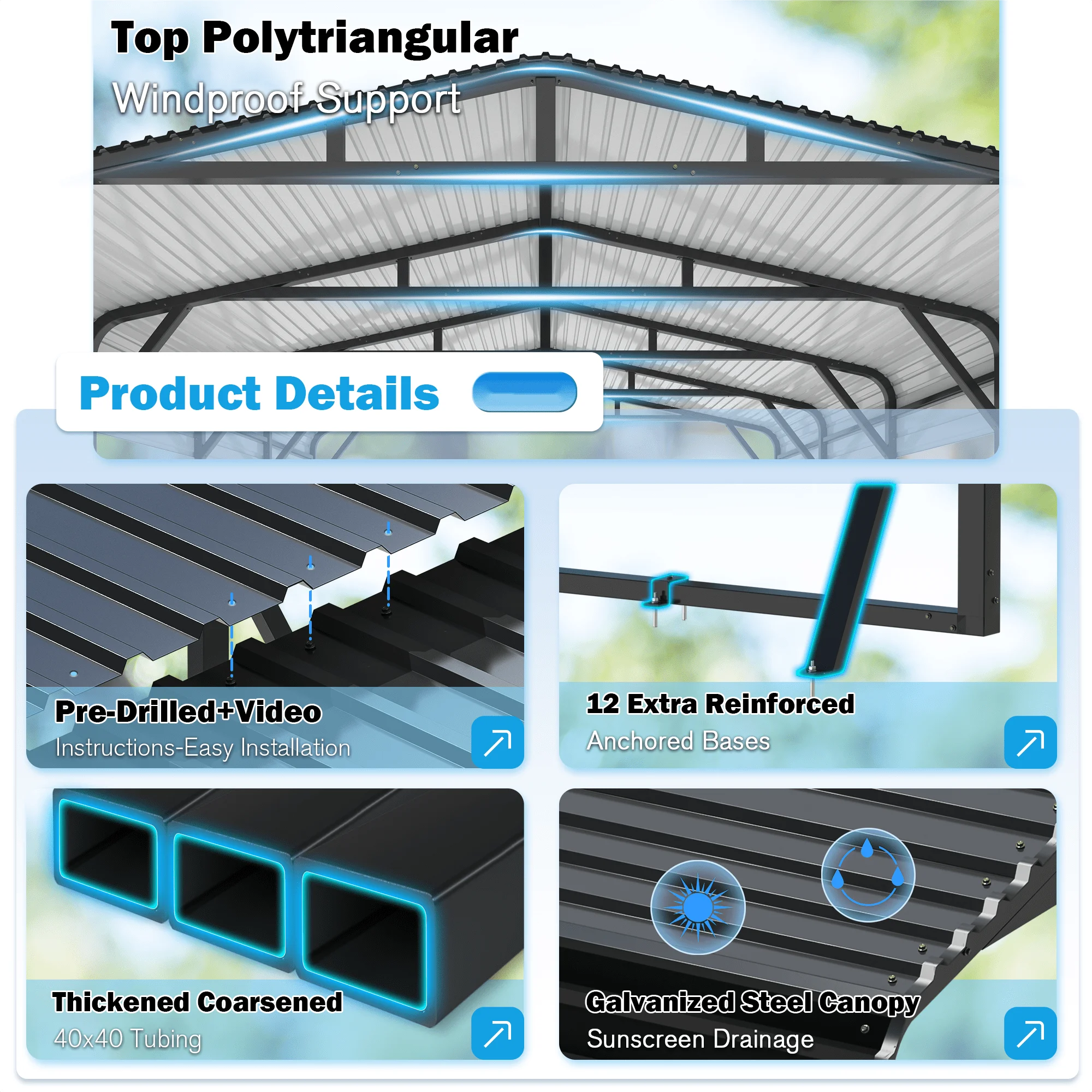 Metal Carport Garage for Two Cars 20x20FT Portable Shelter