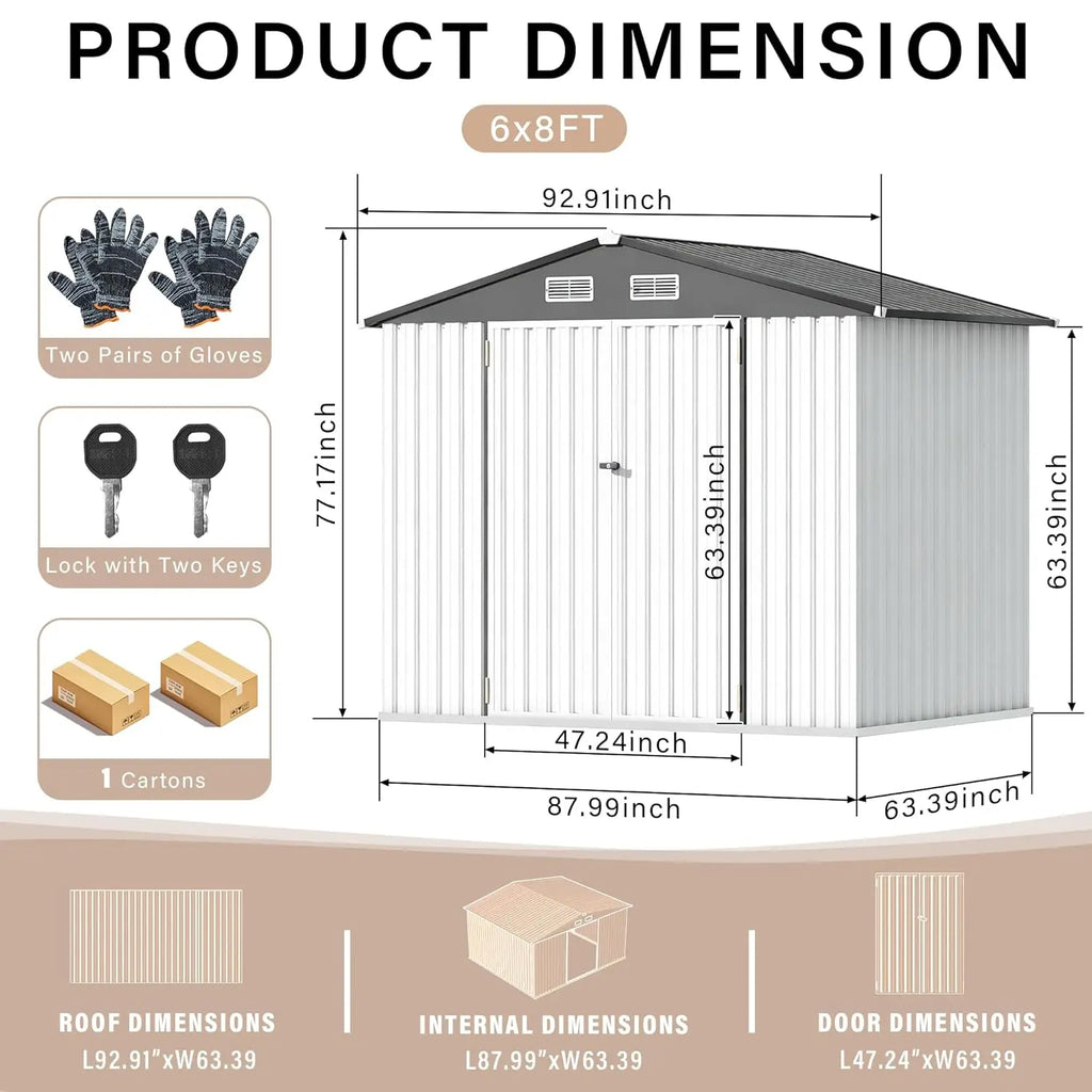 Metal Storage Shed 6X8 FT with Lockable Door Outdoor