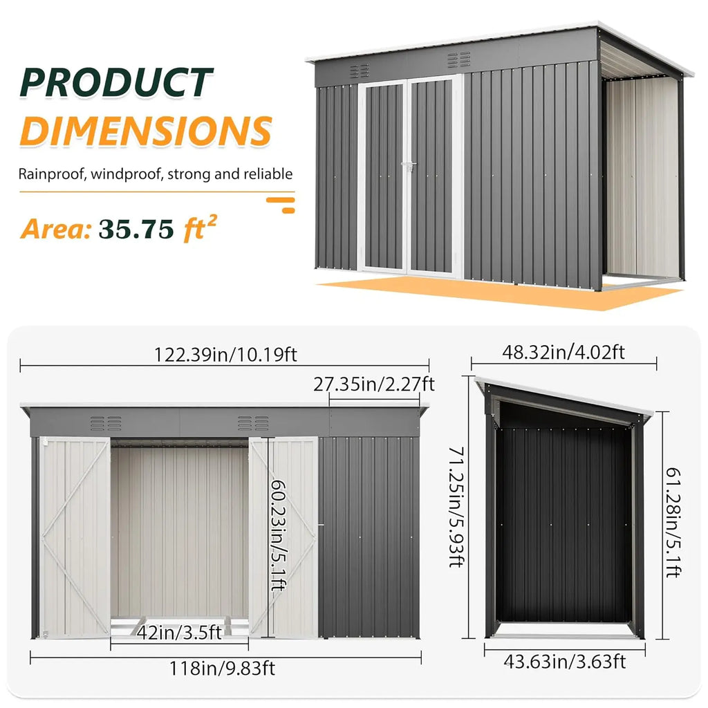 10 X 4 FT Metal Outdoor Storage Shed with Floor Base
