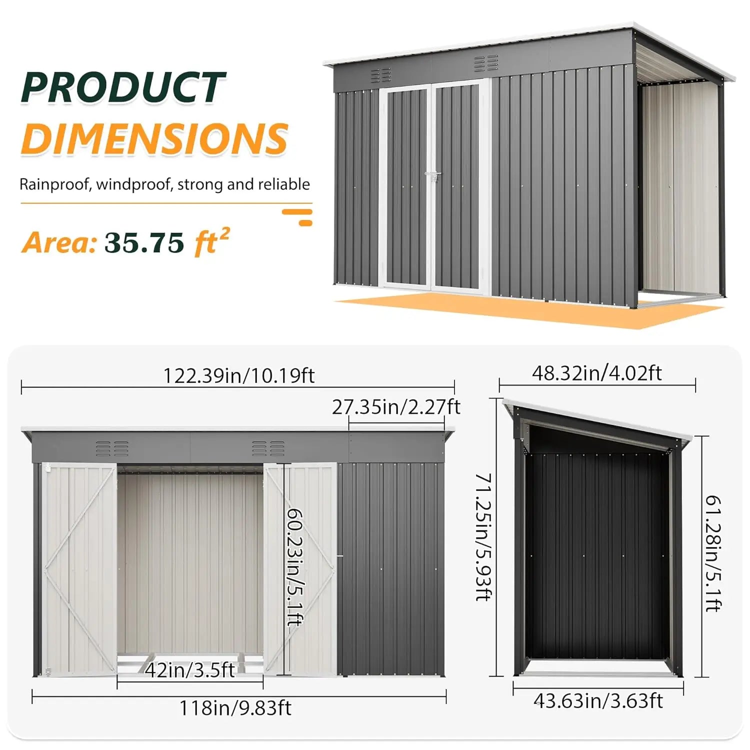 10 X 4 FT Metal Outdoor Storage Shed with Floor Base
