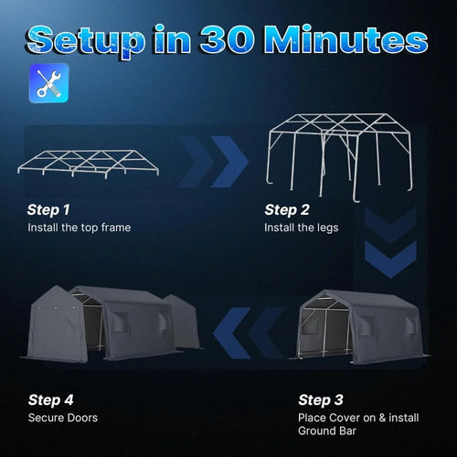 10x15 ft Shelter Storage Shed Steel Metal Peak Roof Portable Garage Carport for Motorcycle, Boat or Garden Tools, Customized