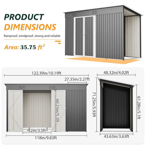 10 X 4 FT Metal Outdoor Storage Shed with Floor Base
