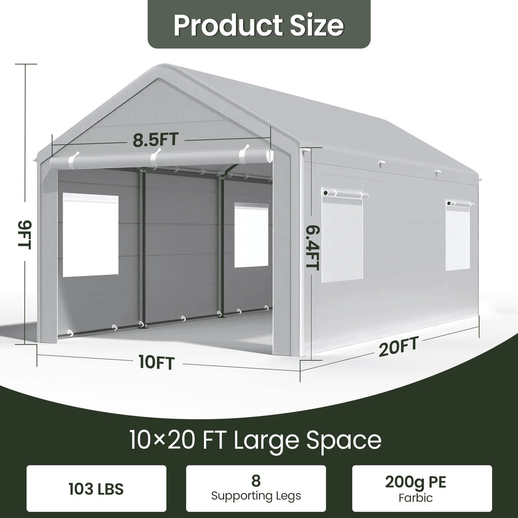 10x20 Ft Heavy Duty Carport with Roll-up Windows and Sidewalls