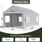 10x20 Ft Heavy Duty Carport with Roll-up Windows and Sidewalls