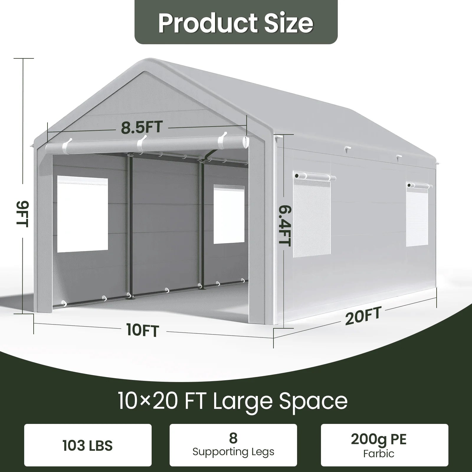 10x20 Ft Heavy Duty Carport with Roll-up Windows and Sidewalls
