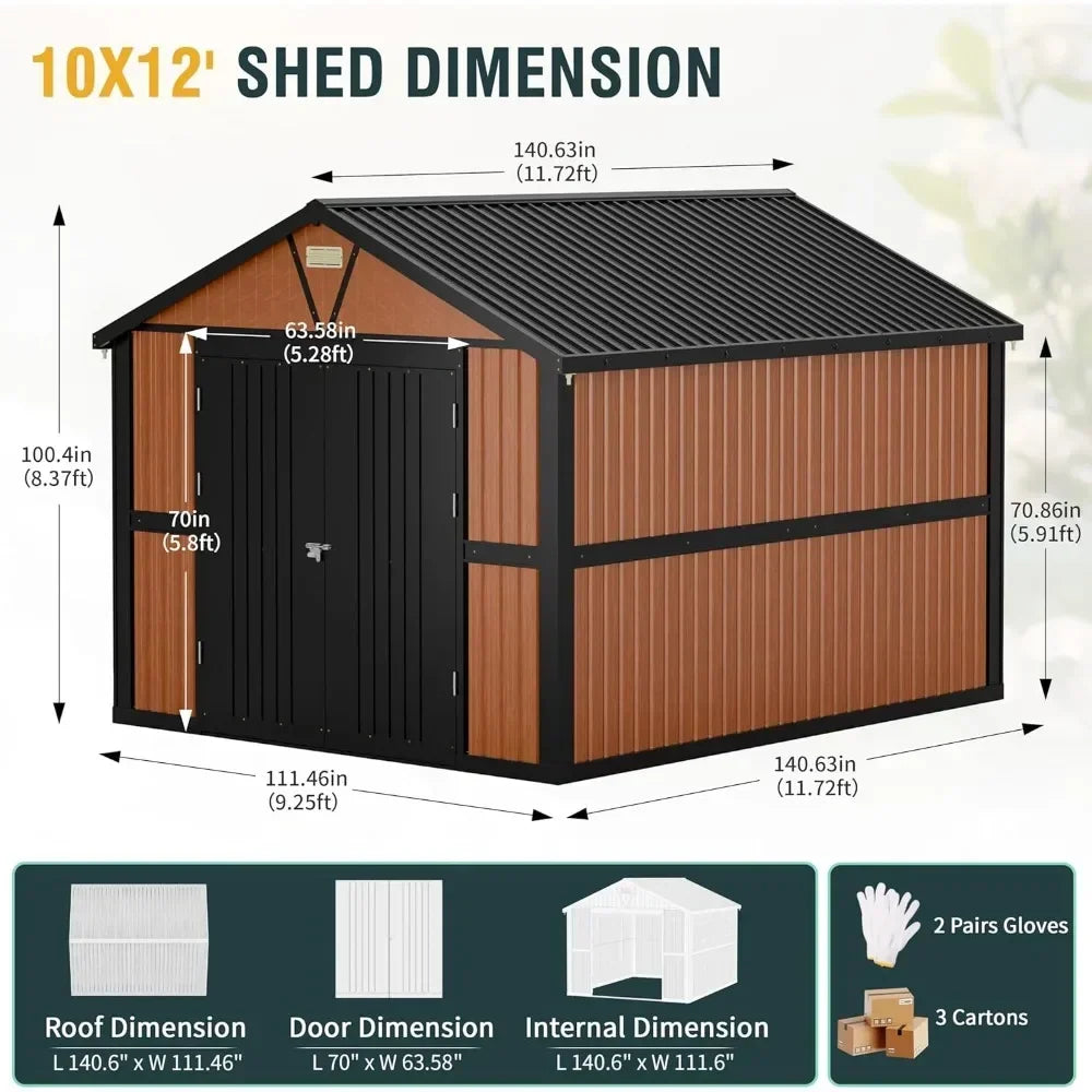 Outdoor Metal Storage Shed 10x12 Ft with Lockable Doors