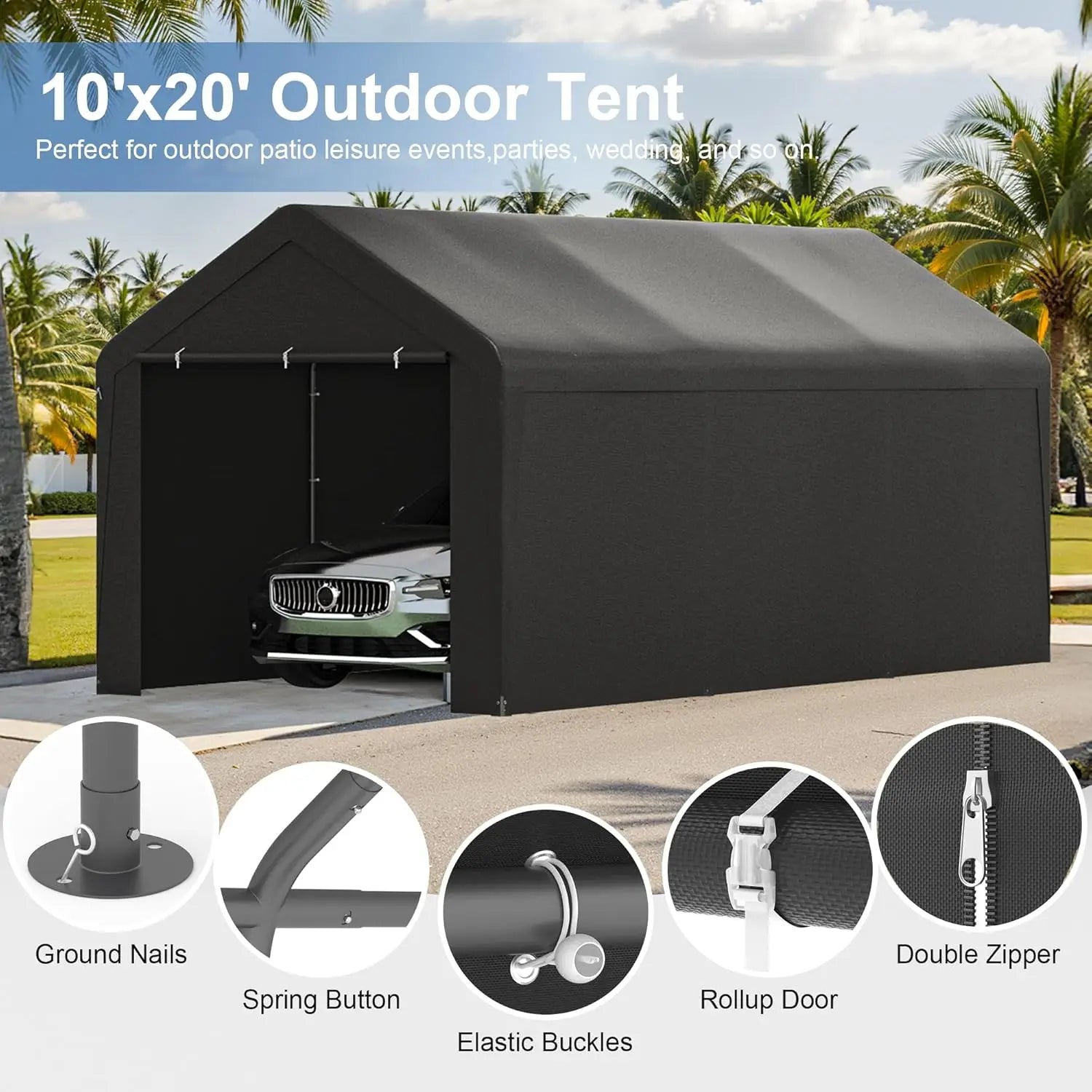 10x20 Heavy Duty Carport Garage with Removable Sidewalls