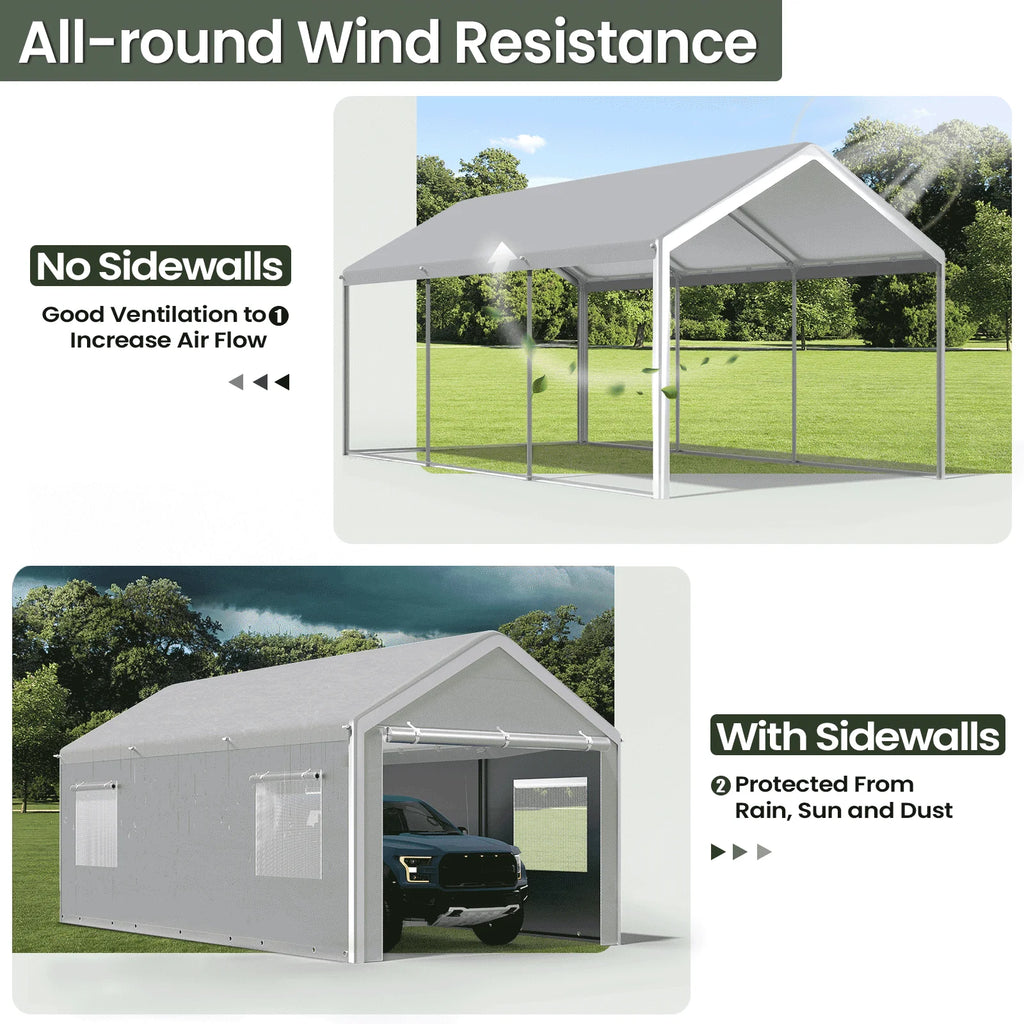 10x20 Ft Heavy Duty Carport with Roll-up Windows and Sidewalls