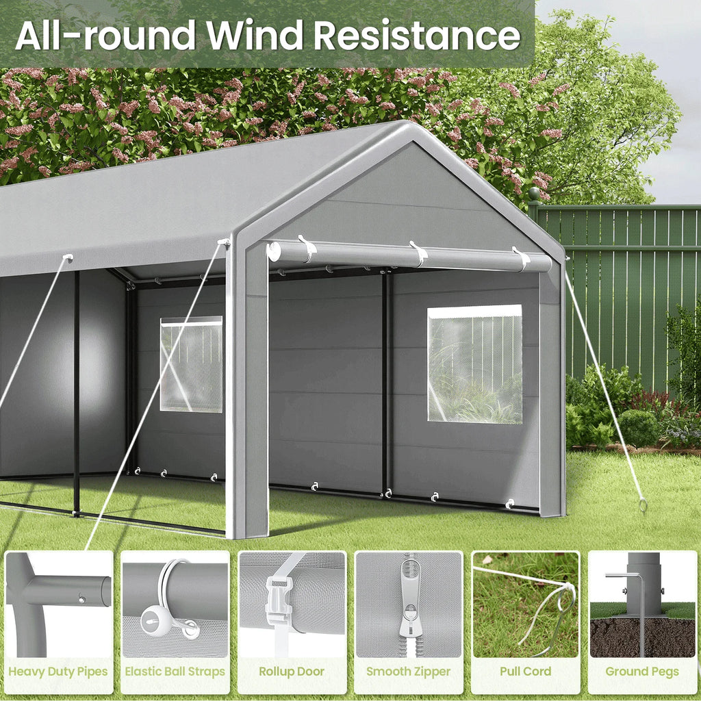 10x20 Ft Heavy Duty Carport with Roll-up Windows and Sidewalls