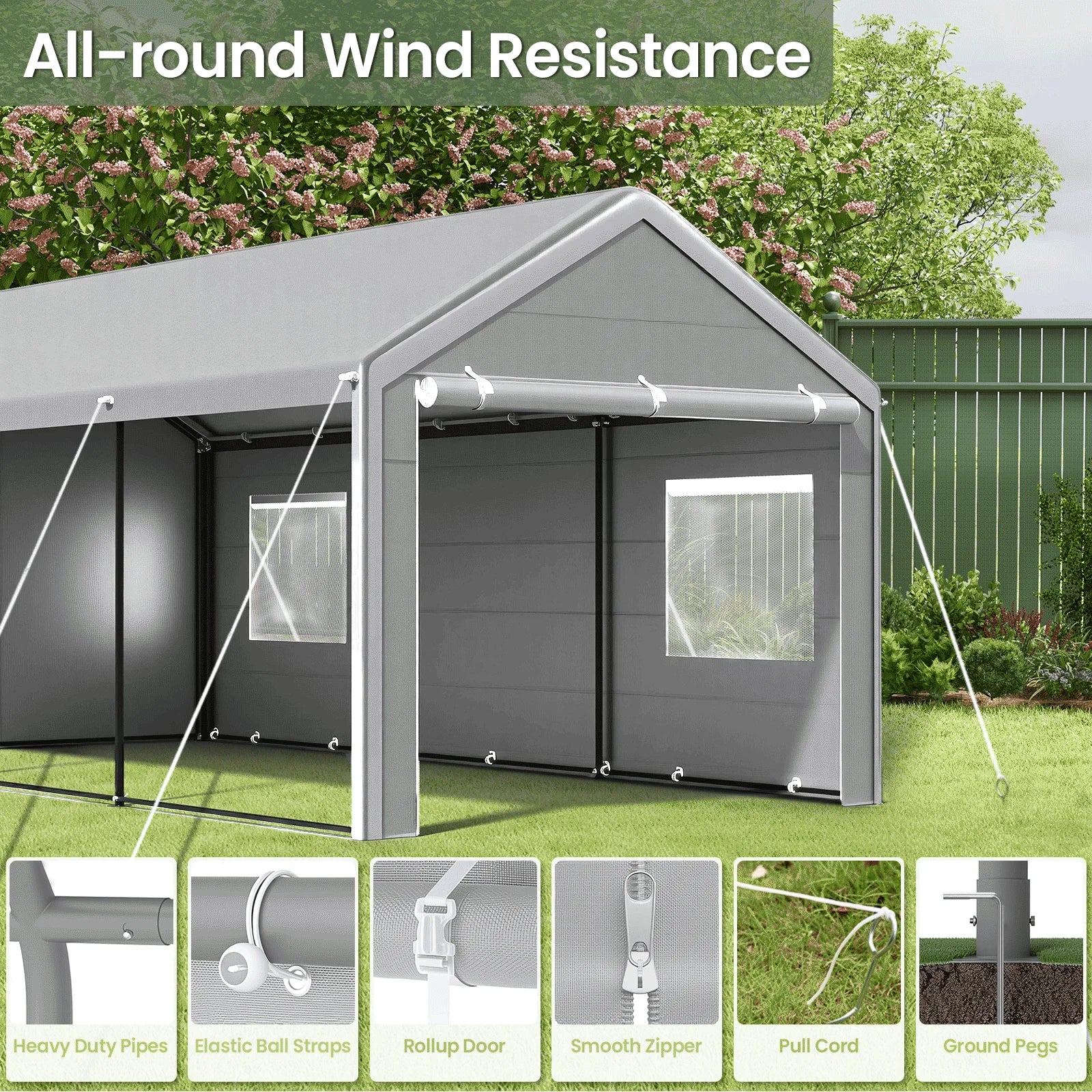 10x20 Ft Heavy Duty Carport with Roll-up Windows and Sidewalls