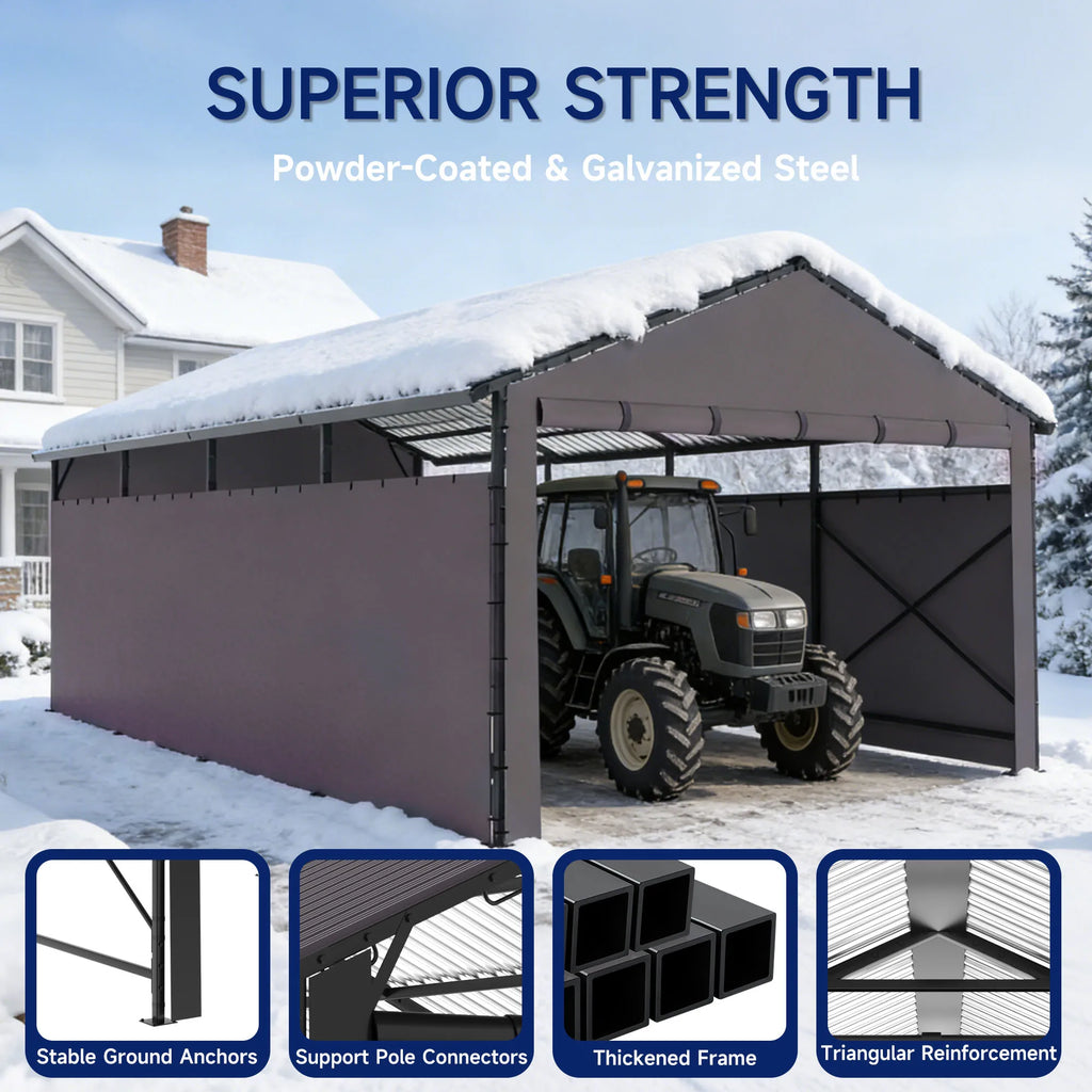Heavy Duty Metal Carport 22x11 FT with Oxford Cloth Enclosure