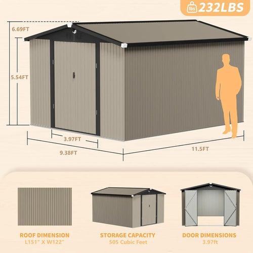 10x12 Metal Storage Shed Outdoor Large Backyard Sheds with Lockable Doors Waterproof Customizable Metal Building
