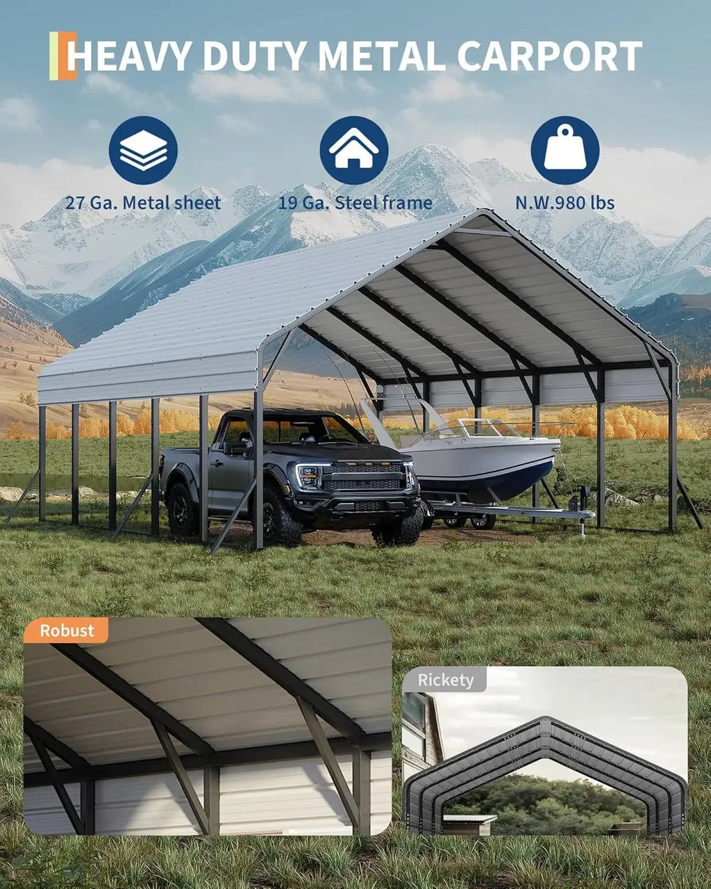Metal Carport Portable Garage for 2 Cars 20'x25'x13' Gray